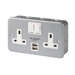 13A Grey 2 Gang Metal-clad Switched USB Socket With White Inserts