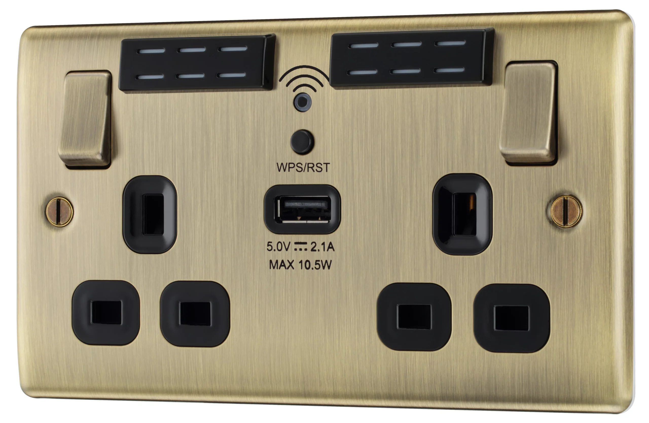BG Antique Brass 13A Raised Slim Switched Double WiFi Extender Socket With USB 1 BG Antique Brass 13A Raised Slim Switched Double WiFi Extender Socket With USB