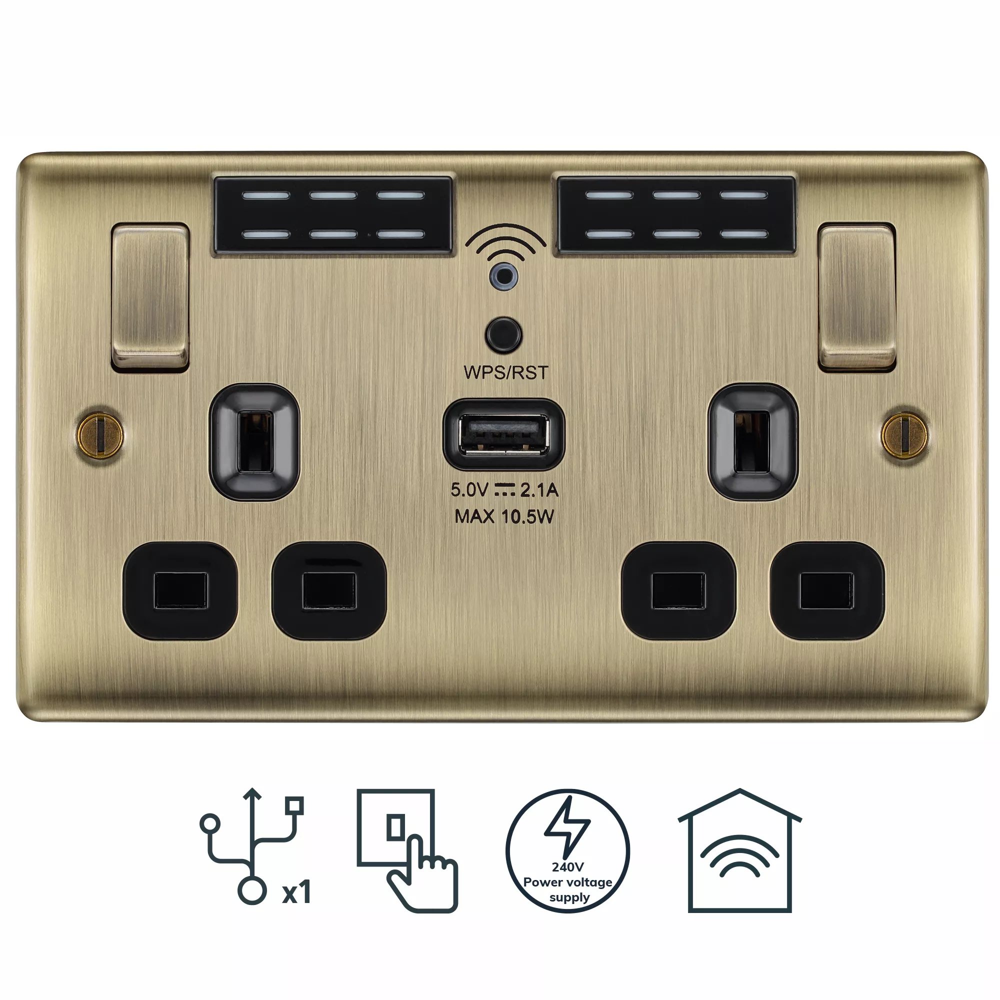 BG Antique Brass 13A Raised Slim Switched Double WiFi Extender Socket With USB 2 BG Antique Brass 13A Raised Slim Switched Double WiFi Extender Socket With USB - Image 2