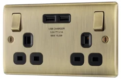 BG Antique Brass Double 13A Switched Socket With USB X2 3.1A & Black Inserts