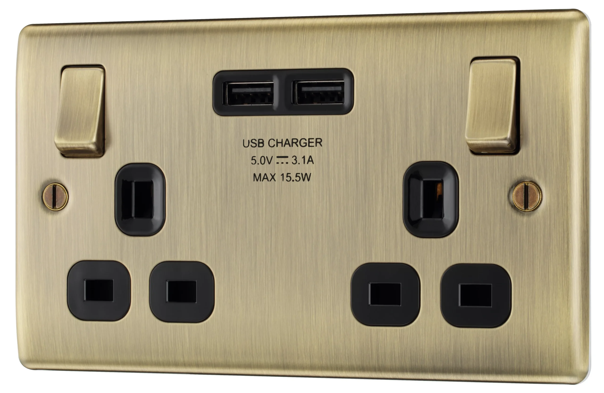 BG Antique Brass Double 13A Switched Socket With USB X2 3.1A & Black Inserts 1 BG Antique Brass Double 13A Switched Socket With USB X2 3.1A & Black Inserts