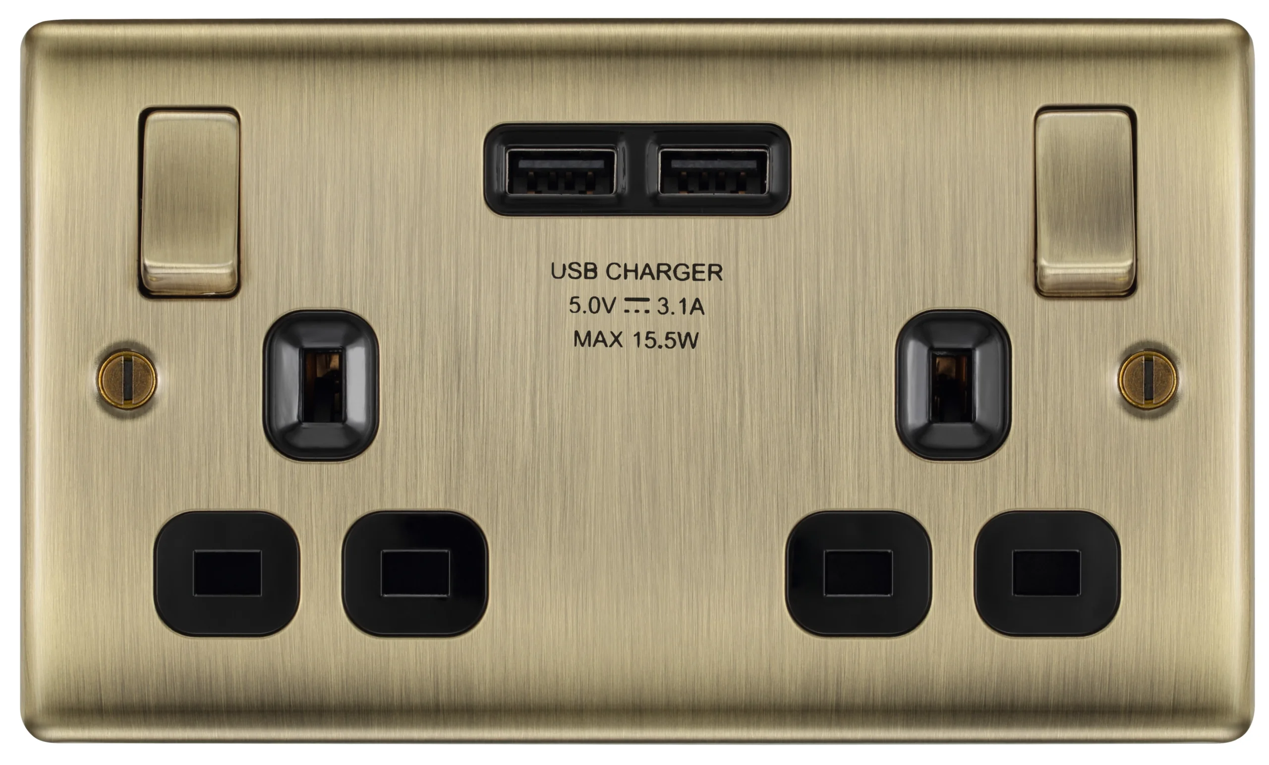 BG Antique Brass Double 13A Switched Socket With USB X2 3.1A & Black Inserts 2 BG Antique Brass Double 13A Switched Socket With USB X2 3.1A & Black Inserts - Image 2
