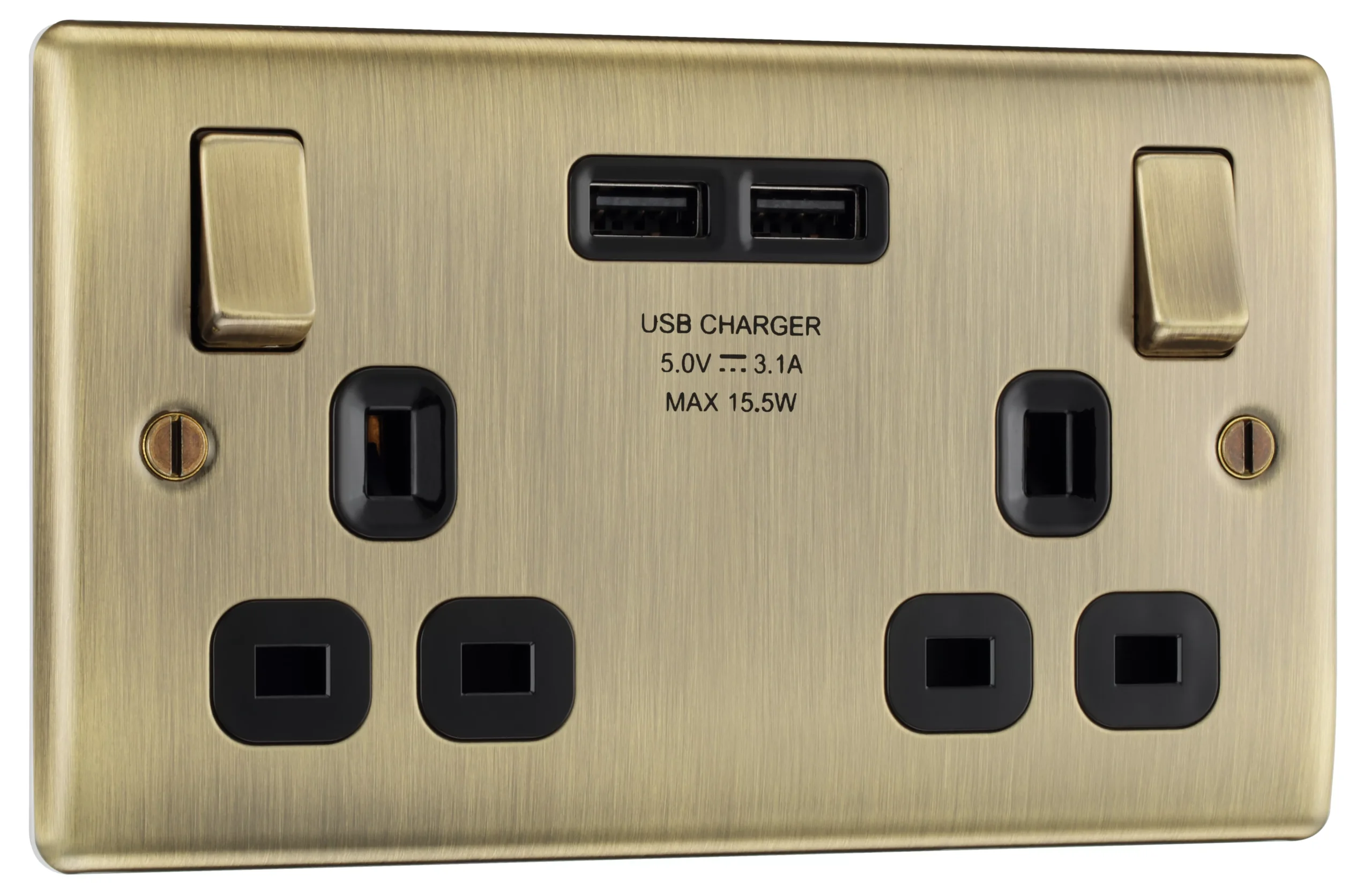 BG Antique Brass Double 13A Switched Socket With USB X2 3.1A & Black Inserts 3 BG Antique Brass Double 13A Switched Socket With USB X2 3.1A & Black Inserts - Image 3