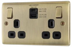 BG Antique Brass Double 13A Switched Socket With USB X2 4.2A & Black Inserts