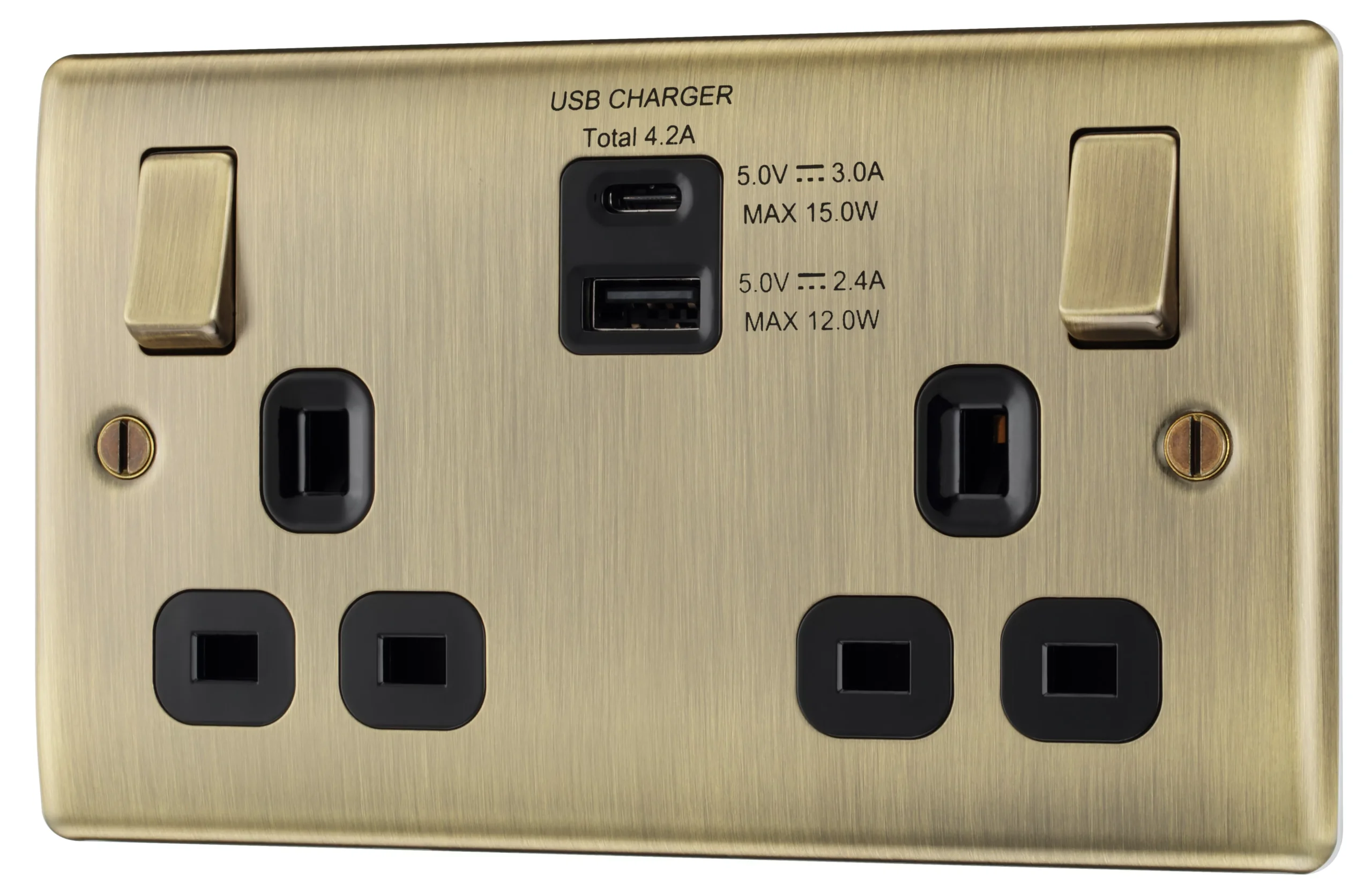 BG Antique Brass Double 13A Switched Socket With USB X2 4.2A & Black Inserts 1 BG Antique Brass Double 13A Switched Socket With USB X2 4.2A & Black Inserts