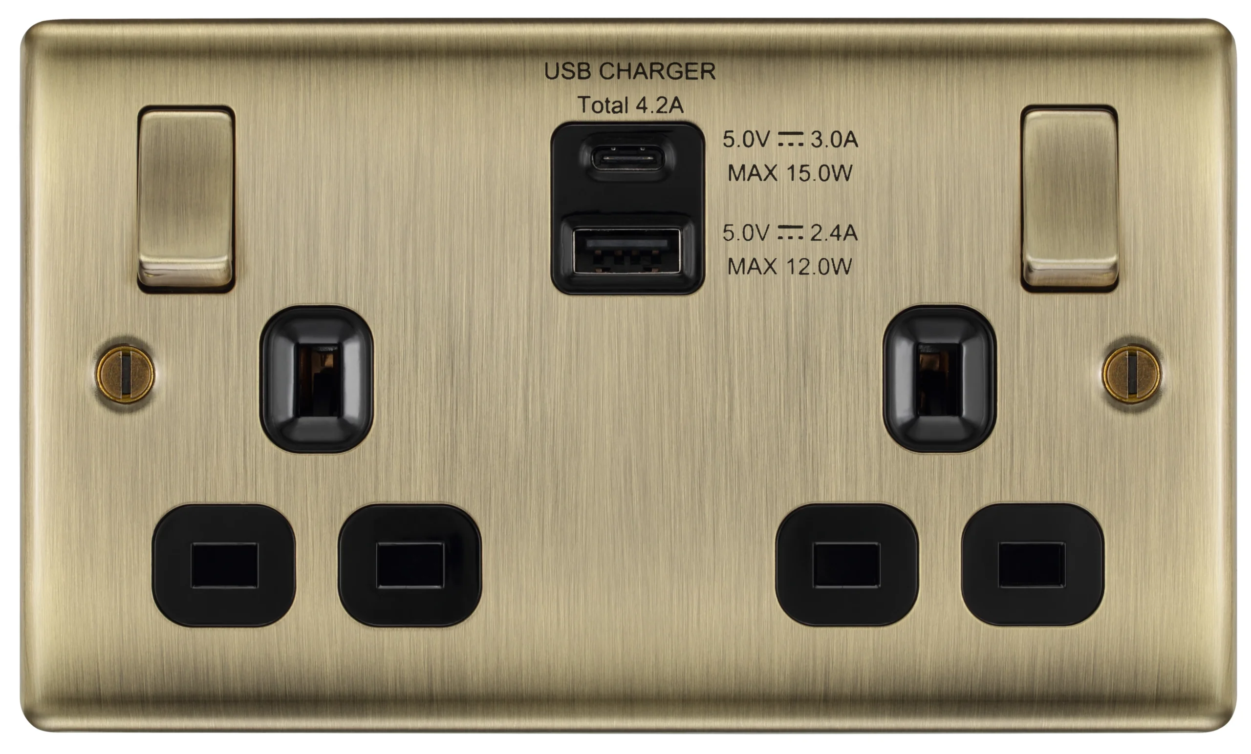 BG Antique Brass Double 13A Switched Socket With USB X2 4.2A & Black Inserts 2 BG Antique Brass Double 13A Switched Socket With USB X2 4.2A & Black Inserts - Image 2