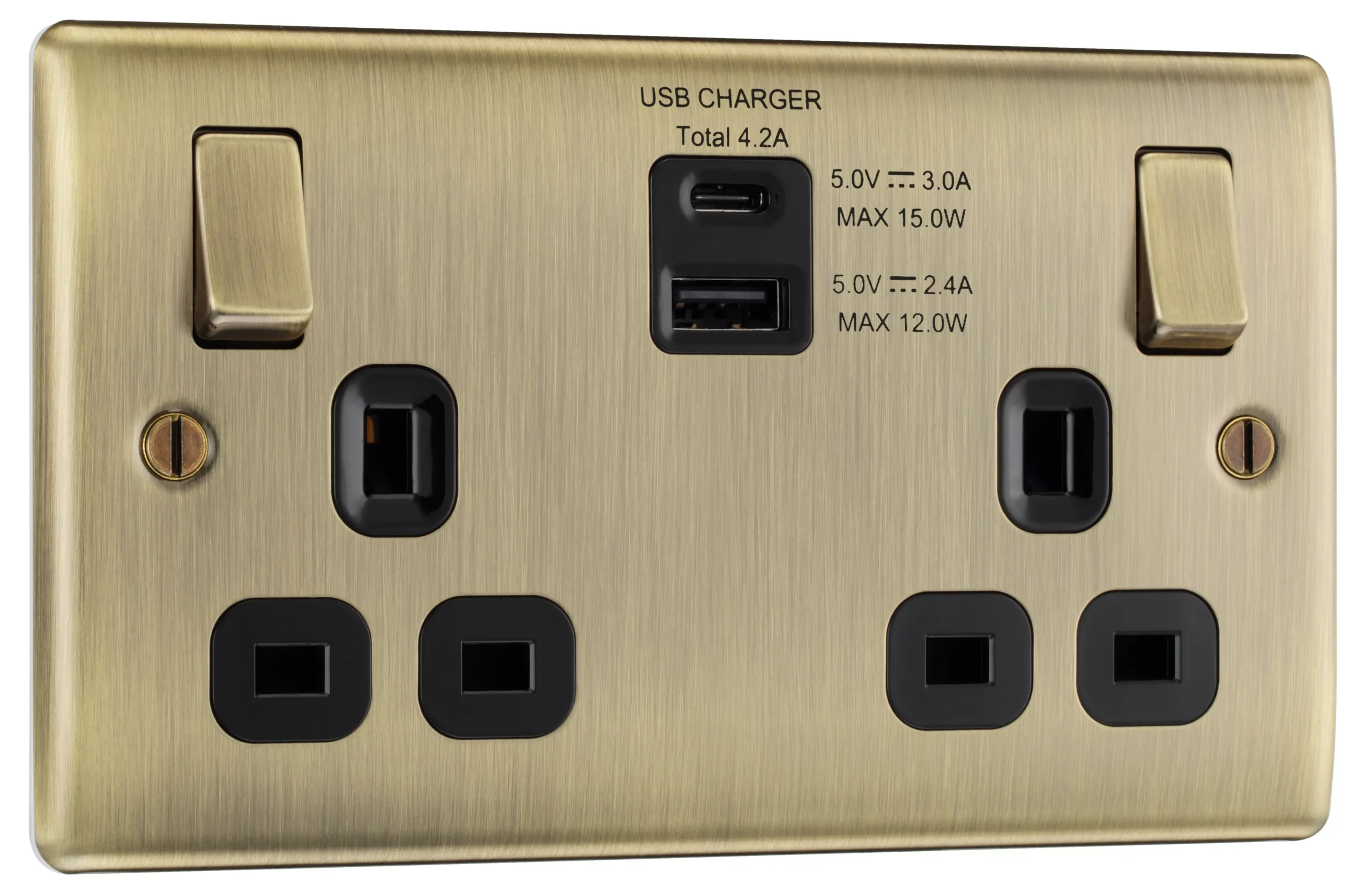 BG Antique Brass Double 13A Switched Socket With USB X2 4.2A & Black Inserts 3 BG Antique Brass Double 13A Switched Socket With USB X2 4.2A & Black Inserts - Image 3