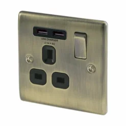 BG Antique Brass Single 13A Switched Socket With USB X2 & Black Inserts