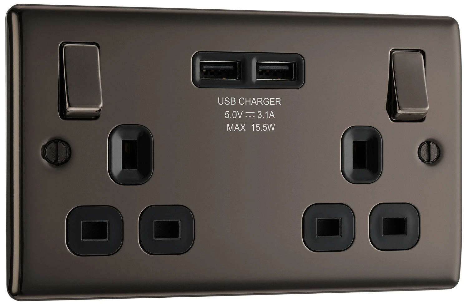 BG Black Nickel Double 13A Switched Socket With USB X2 3.1A & Black Inserts 2 BG Black Nickel Double 13A Switched Socket With USB X2 3.1A & Black Inserts - Image 2