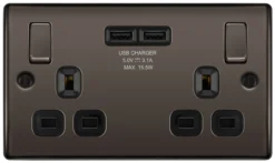 BG Black Nickel Double 13A Switched Socket With USB X2 3.1A & Black Inserts