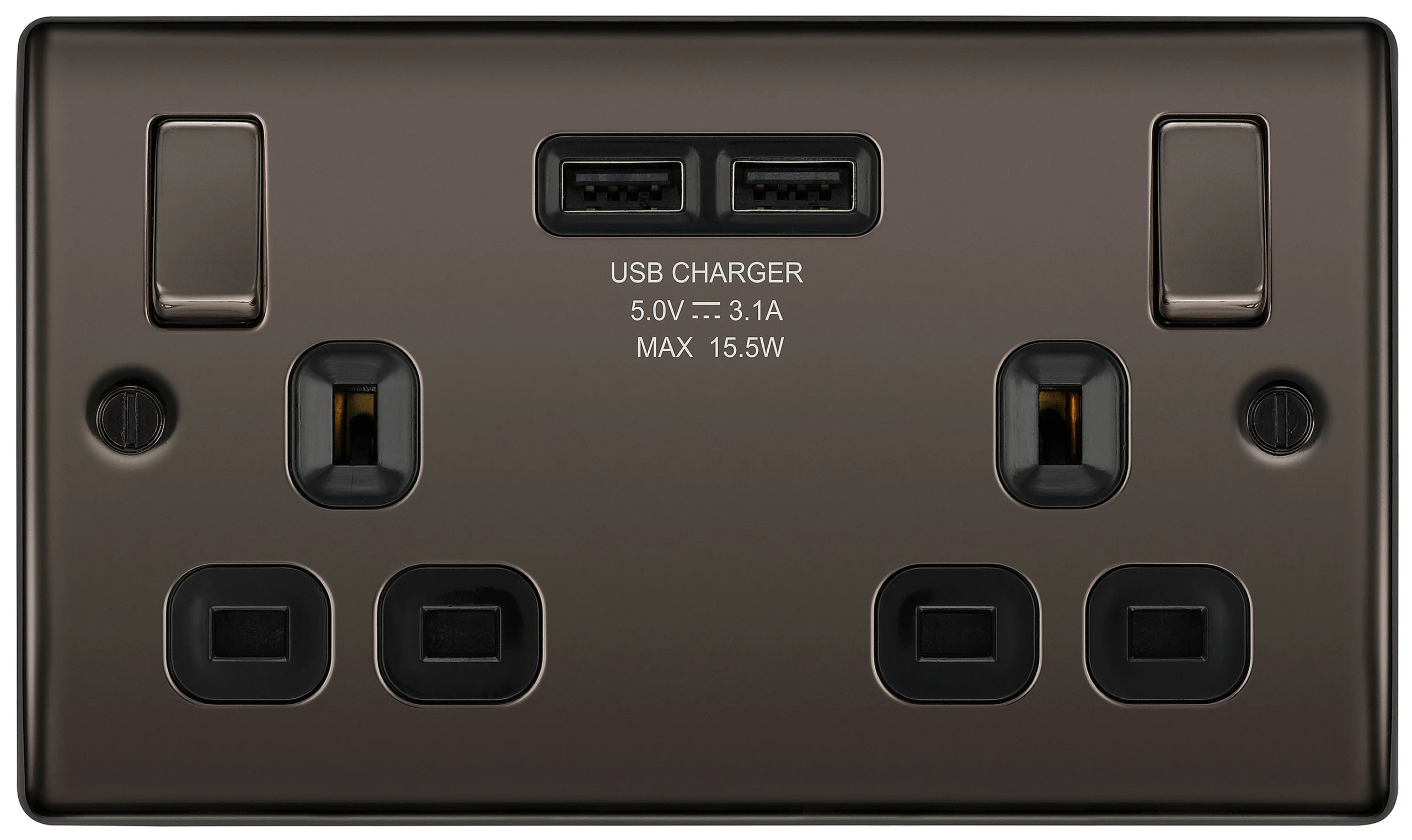 BG Black Nickel Double 13A Switched Socket With USB X2 3.1A & Black Inserts 1 BG Black Nickel Double 13A Switched Socket With USB X2 3.1A & Black Inserts
