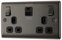 BG Black Nickel Double 13A Switched Socket With USB X2 4.2A & Black Inserts