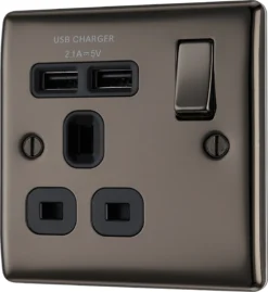 BG Black Nickel Single 13A Switched Socket With USB X2 & Black Inserts