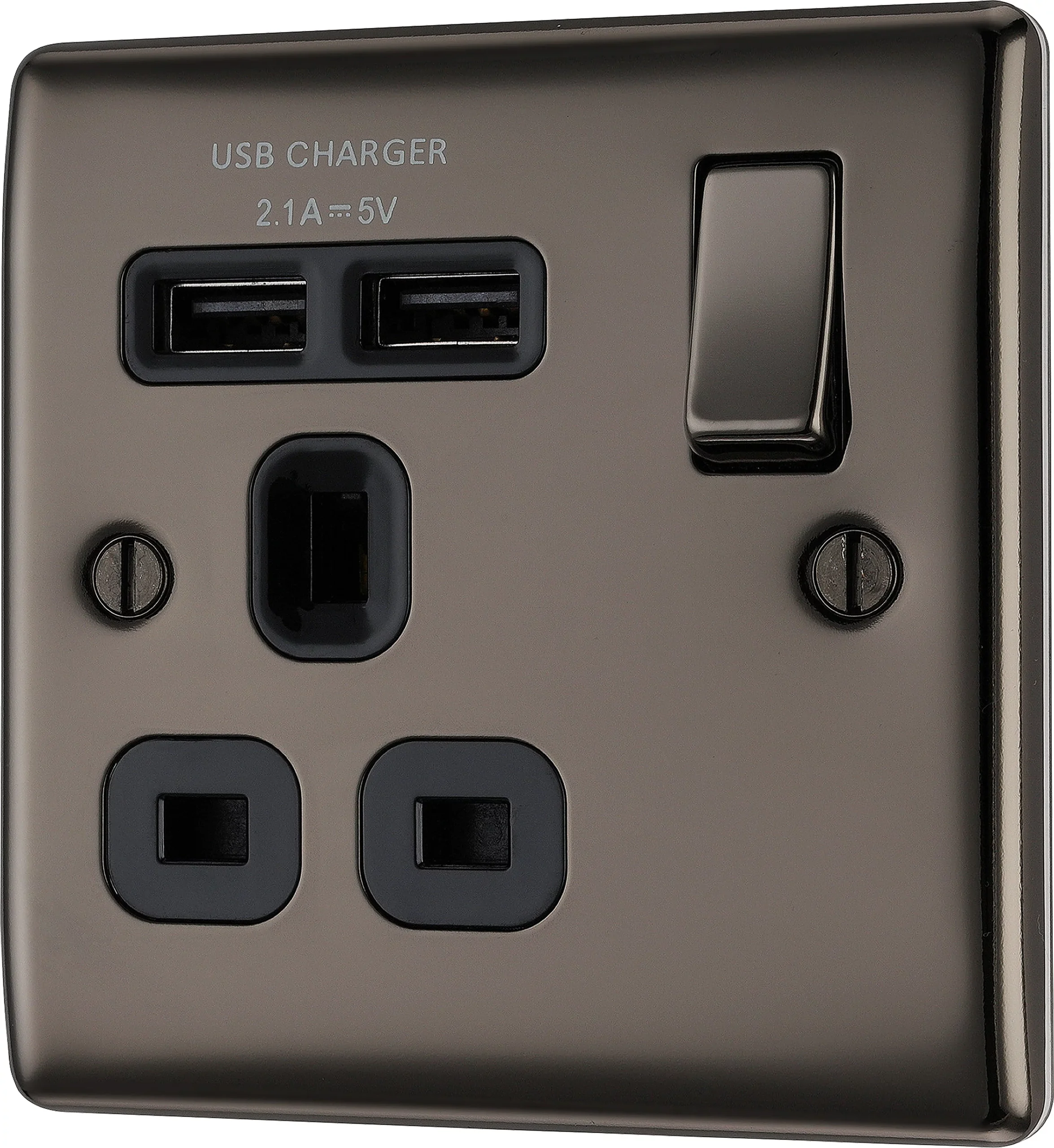 BG Black Nickel Single 13A Switched Socket With USB X2 & Black Inserts 1 BG Black Nickel Single 13A Switched Socket With USB X2 & Black Inserts