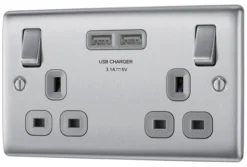 BG Brushed Steel Double 13A Switched Socket With USB X2 3.1A & Grey Inserts