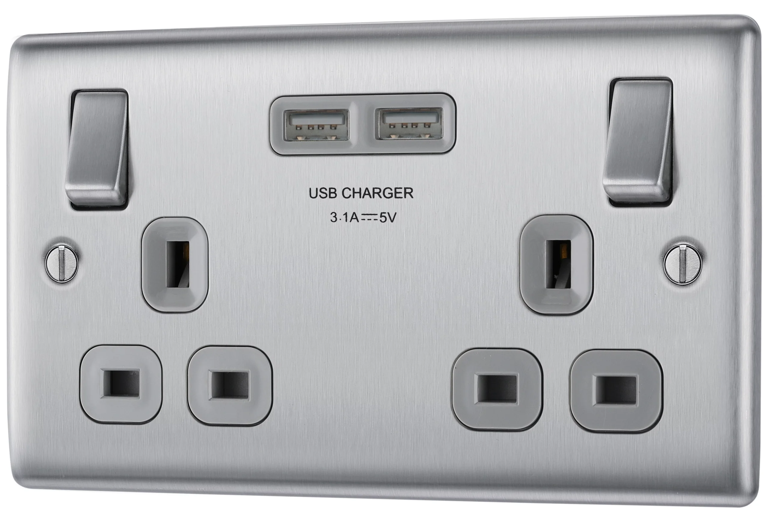 BG Brushed Steel Double 13A Switched Socket With USB X2 3.1A & Grey Inserts 1 BG Brushed Steel Double 13A Switched Socket With USB X2 3.1A & Grey Inserts