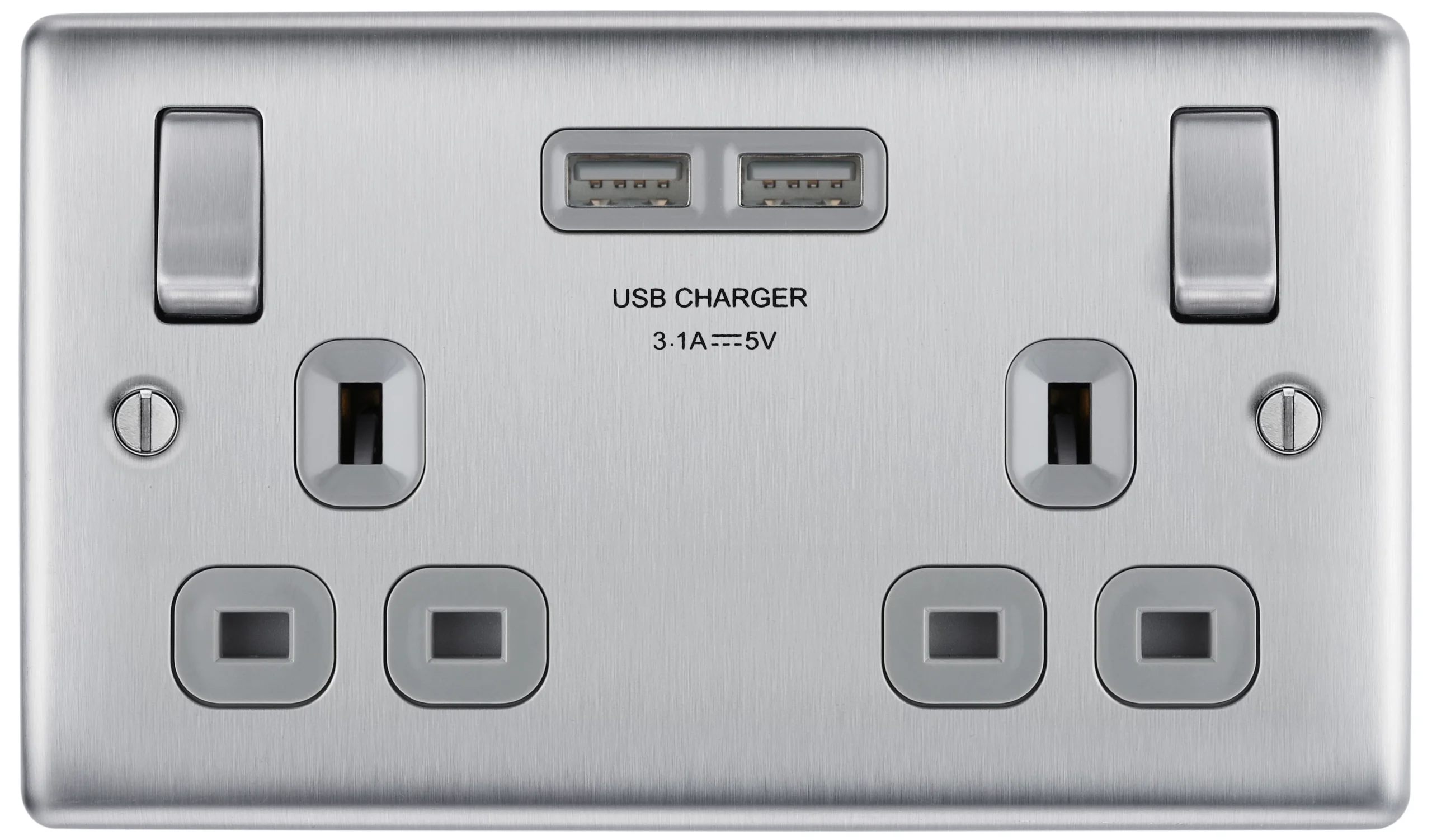 BG Brushed Steel Double 13A Switched Socket With USB X2 3.1A & Grey Inserts 2 BG Brushed Steel Double 13A Switched Socket With USB X2 3.1A & Grey Inserts - Image 2