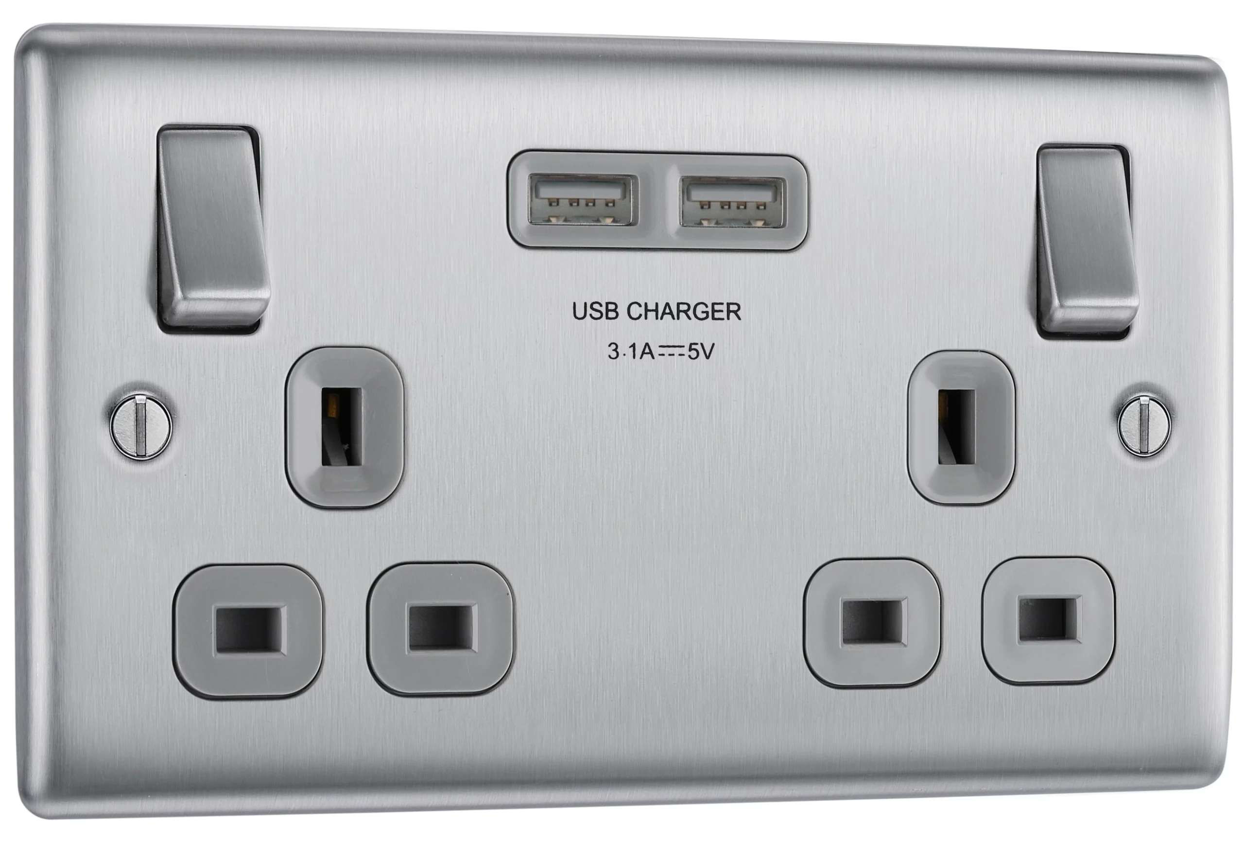 BG Brushed Steel Double 13A Switched Socket With USB X2 3.1A & Grey Inserts 3 BG Brushed Steel Double 13A Switched Socket With USB X2 3.1A & Grey Inserts - Image 3