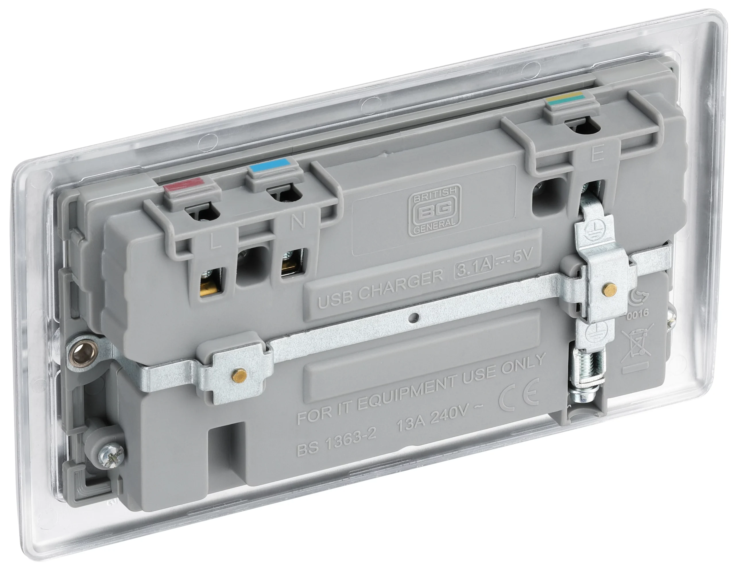 BG Brushed Steel Double 13A Switched Socket With USB X2 3.1A & Grey Inserts 6 BG Brushed Steel Double 13A Switched Socket With USB X2 3.1A & Grey Inserts - Image 6