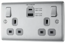 BG Brushed Steel Double 13A Switched Socket With USB X2 4.2A & Grey Inserts