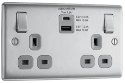 BG Brushed Steel Double 13A Switched Socket With USB X2 4.2A & Grey Inserts -Master Yale Shop bg brushed steel double 13a switched socket with usb x2 4 2a grey inserts5050765213509 03c scaled