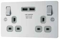 BG Brushed Steel Double 13A Switched Socket With USB X2 & Grey Inserts