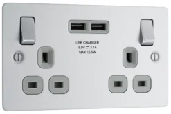 BG Brushed Steel Double 13A Switched Socket With USB X2 & Grey Inserts -Master Yale Shop bg brushed steel double 13a switched socket with usb x2 grey inserts5050765137065 03c