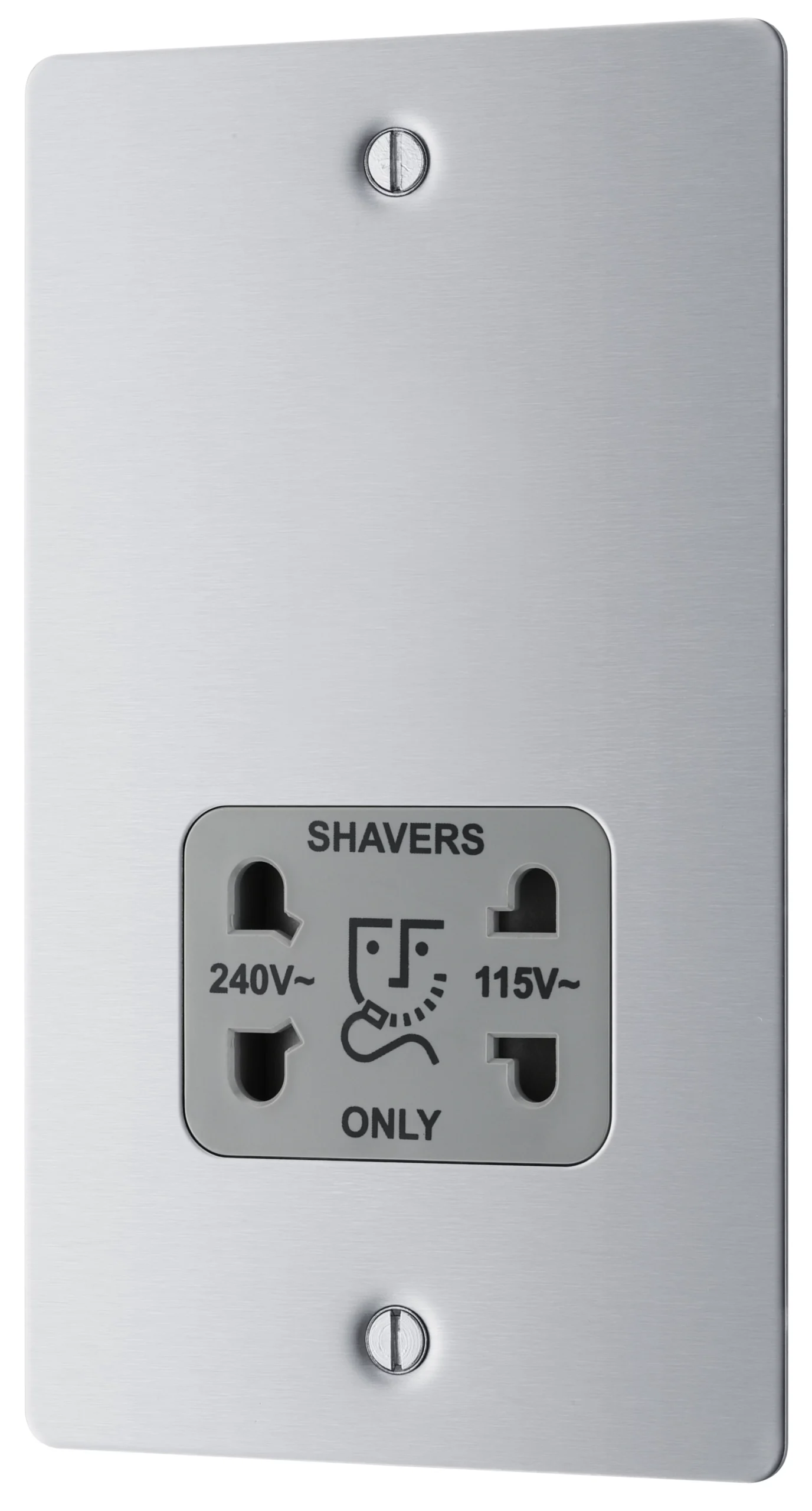 BG Brushed Steel Double Flat Screwed Shaver Socket Matt Steel Effect 1 BG Brushed Steel Double Flat Screwed Shaver Socket Matt Steel Effect