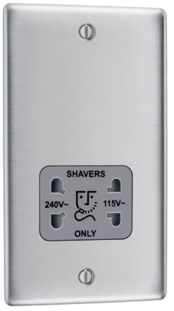 BG Brushed Steel Double Screwed Shaver Socket -Master Yale Shop bg brushed steel double screwed shaver socket5050765213189 03c scaled