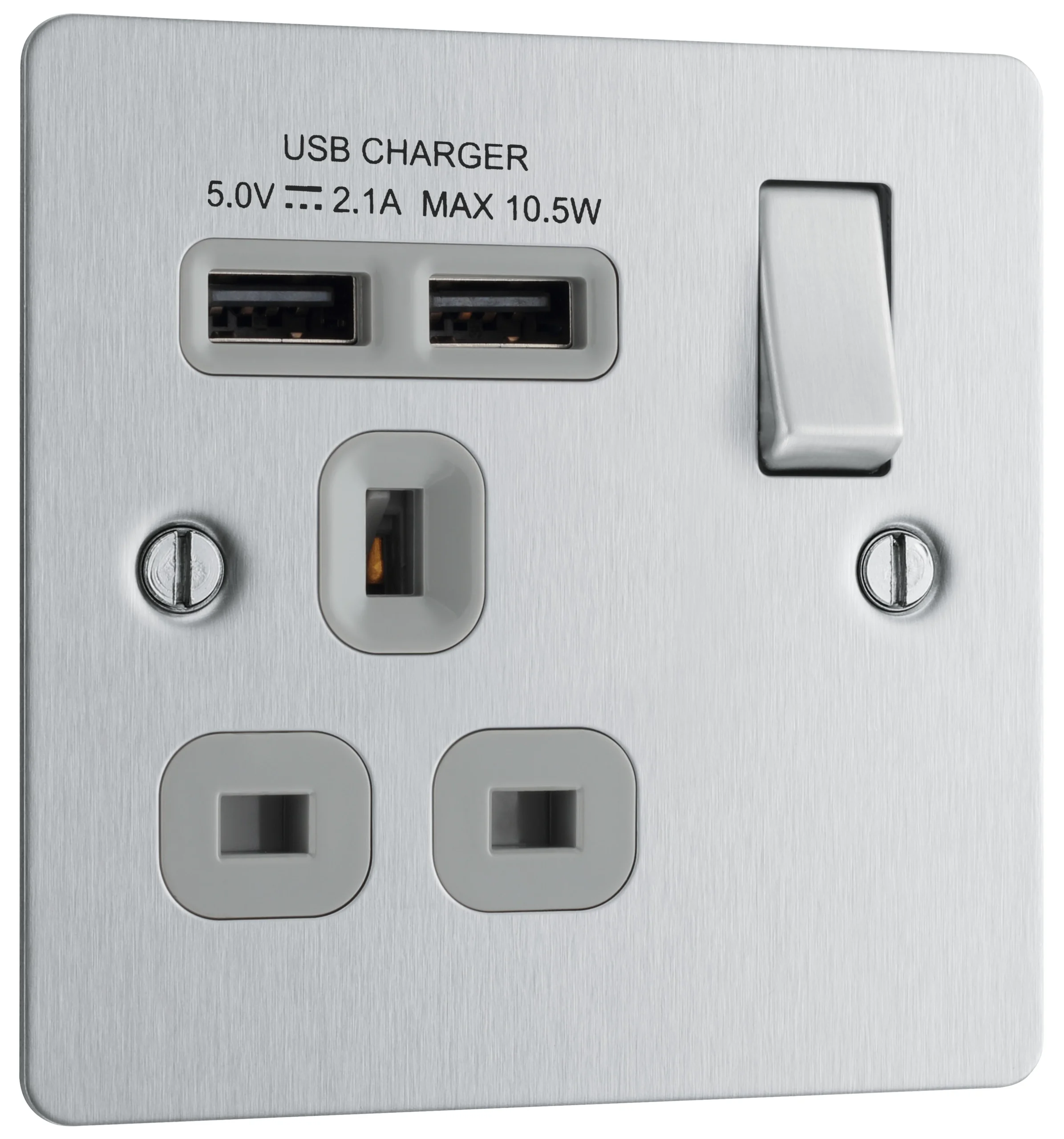BG Brushed Steel Single 13A Switched Socket With USB X2 & Grey Inserts 3 BG Brushed Steel Single 13A Switched Socket With USB X2 & Grey Inserts - Image 3