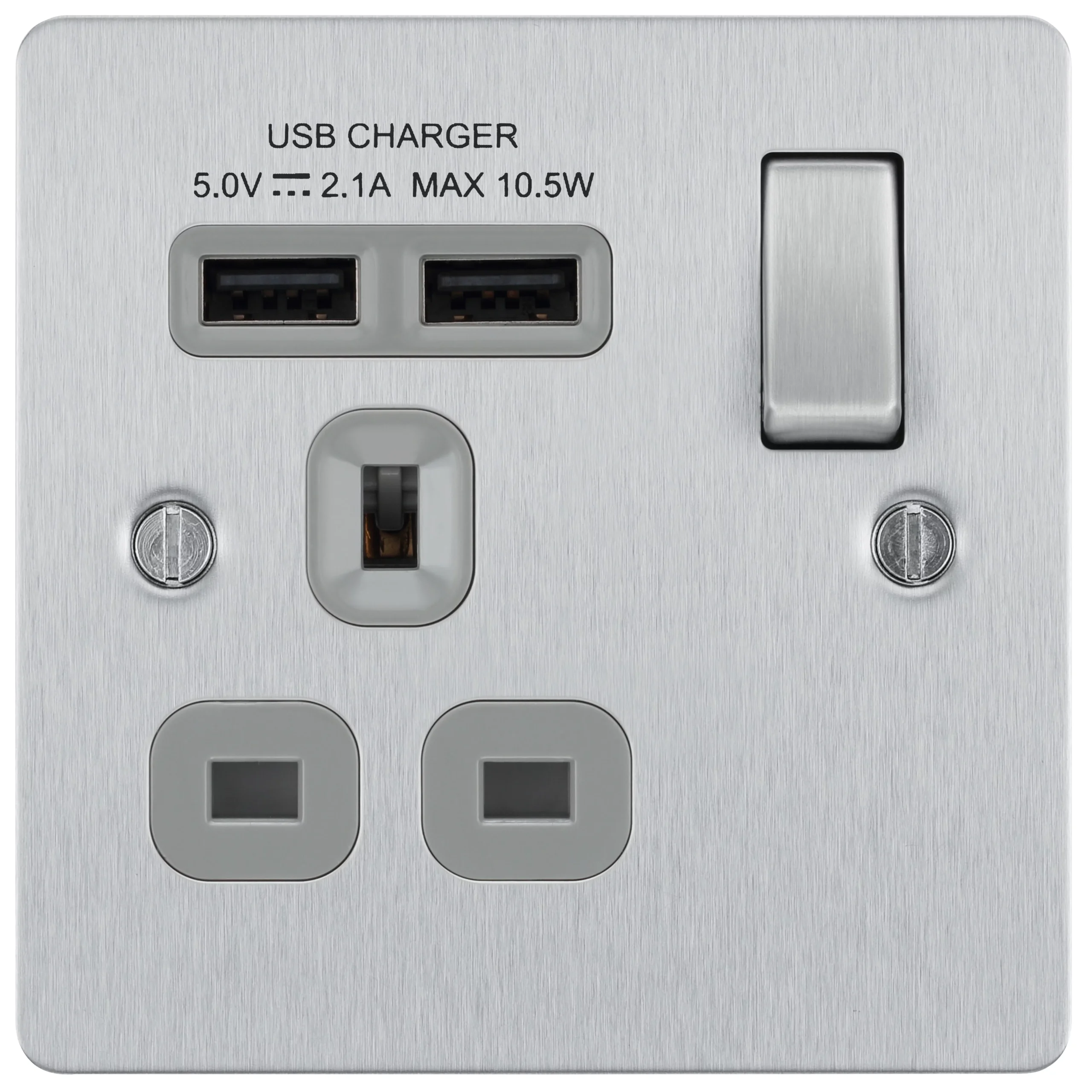 BG Brushed Steel Single 13A Switched Socket With USB X2 & Grey Inserts 2 BG Brushed Steel Single 13A Switched Socket With USB X2 & Grey Inserts - Image 2