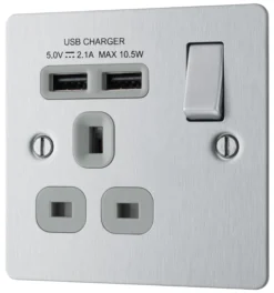BG Brushed Steel Single 13A Switched Socket With USB X2 & Grey Inserts