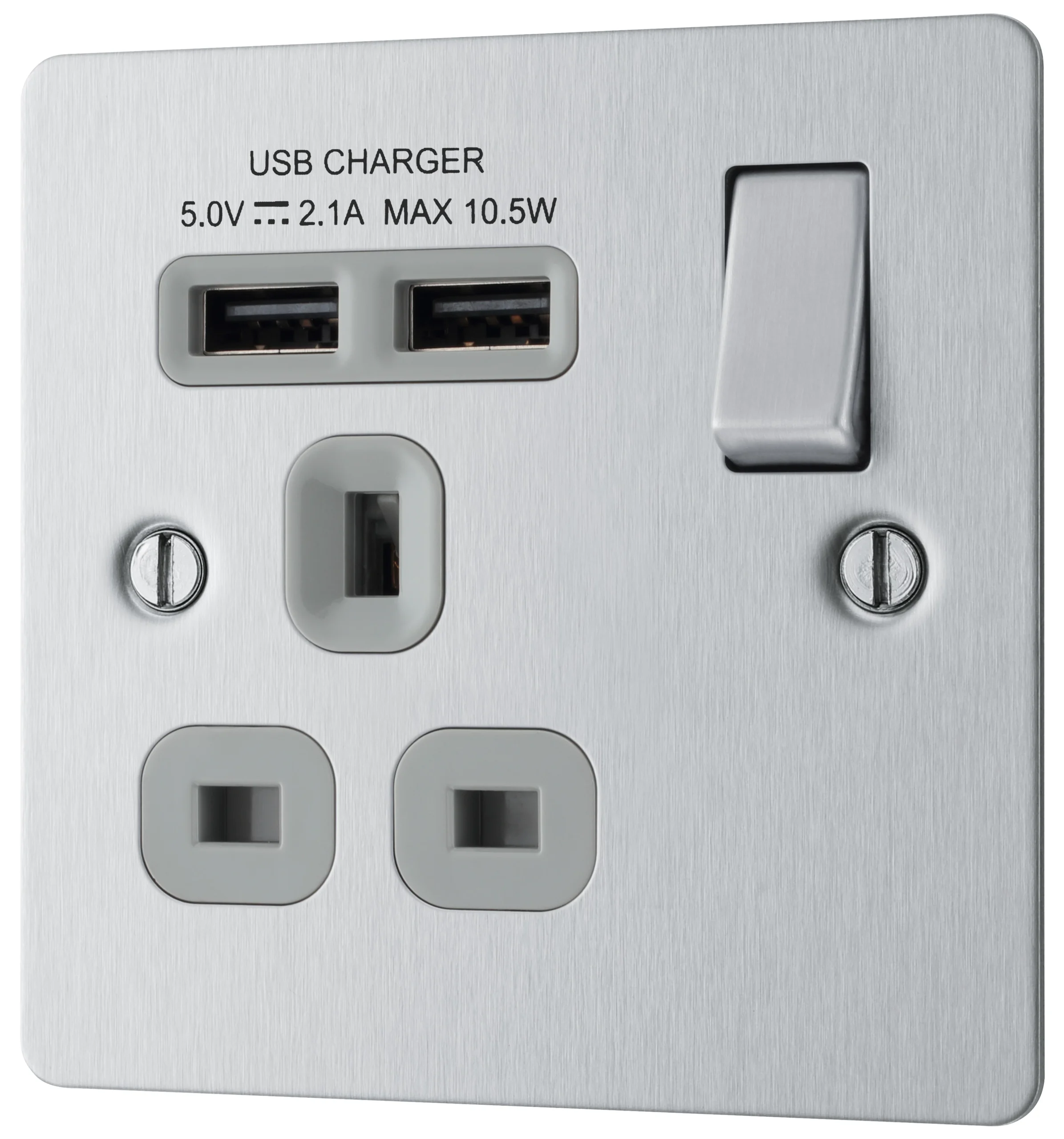 BG Brushed Steel Single 13A Switched Socket With USB X2 & Grey Inserts 1 BG Brushed Steel Single 13A Switched Socket With USB X2 & Grey Inserts