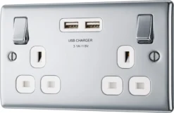 BG Chrome Double 13A Switched Socket With USB X2 3.1A & White Inserts