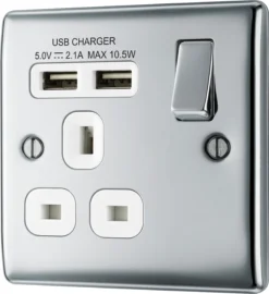 BG Chrome Single 13A Switched Socket With USB X2 & White Inserts