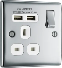 BG Chrome Single 13A Switched Socket With USB X2 & White Inserts -Master Yale Shop bg chrome single 13a switched socket with usb x2 white inserts5050765117333 03c scaled