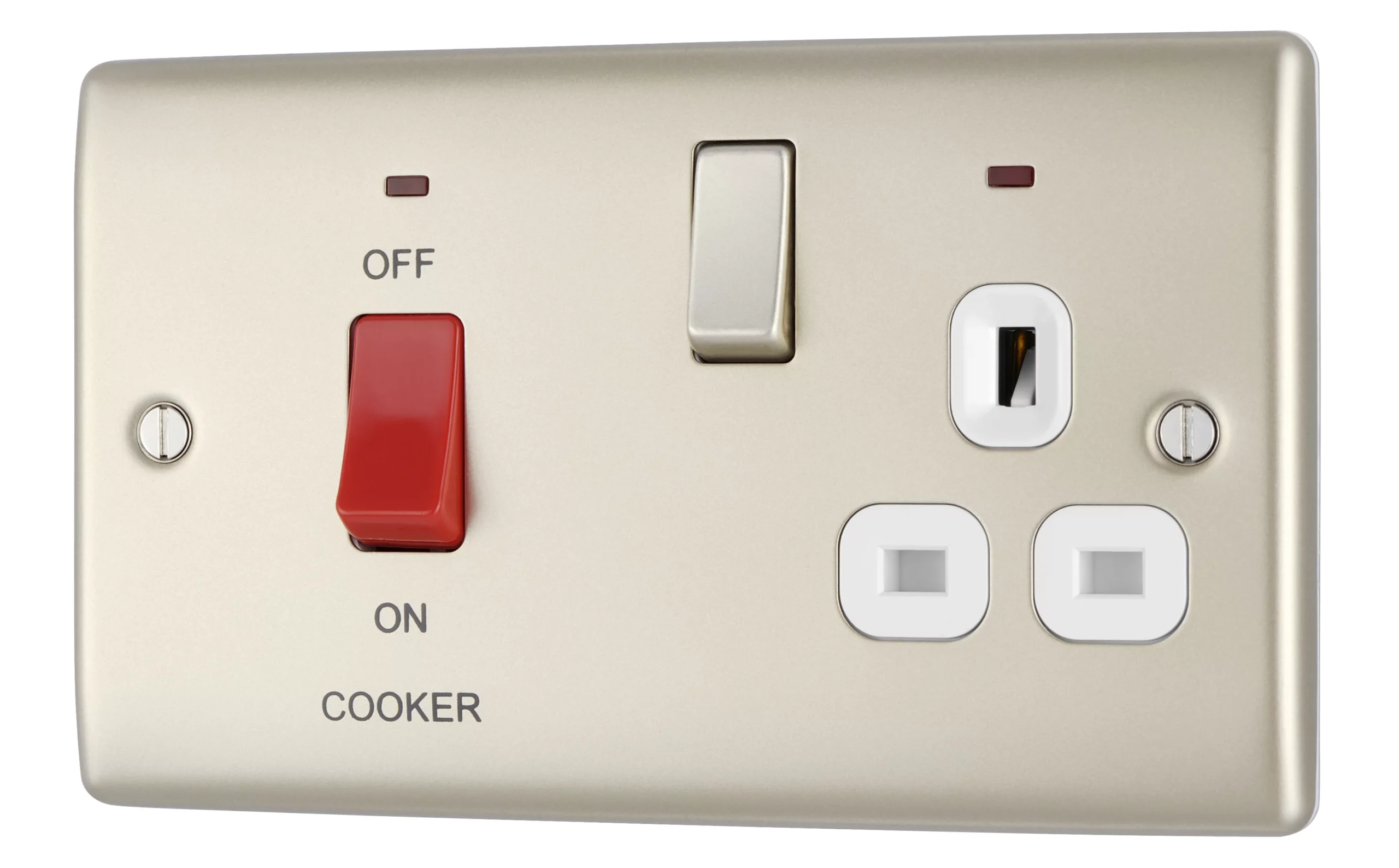 BG Nickel Cooker Switch & Socket With Neon & White Inserts 1 BG Nickel Cooker Switch & Socket With Neon & White Inserts