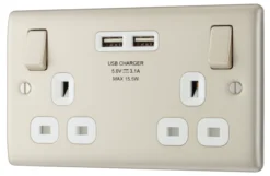 BG Nickel Double 13A Switched Socket With USB X2 3.1A & White Inserts