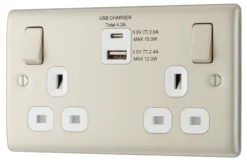 BG Nickel Double 13A Switched Socket With USB X2 4.2A & White Inserts