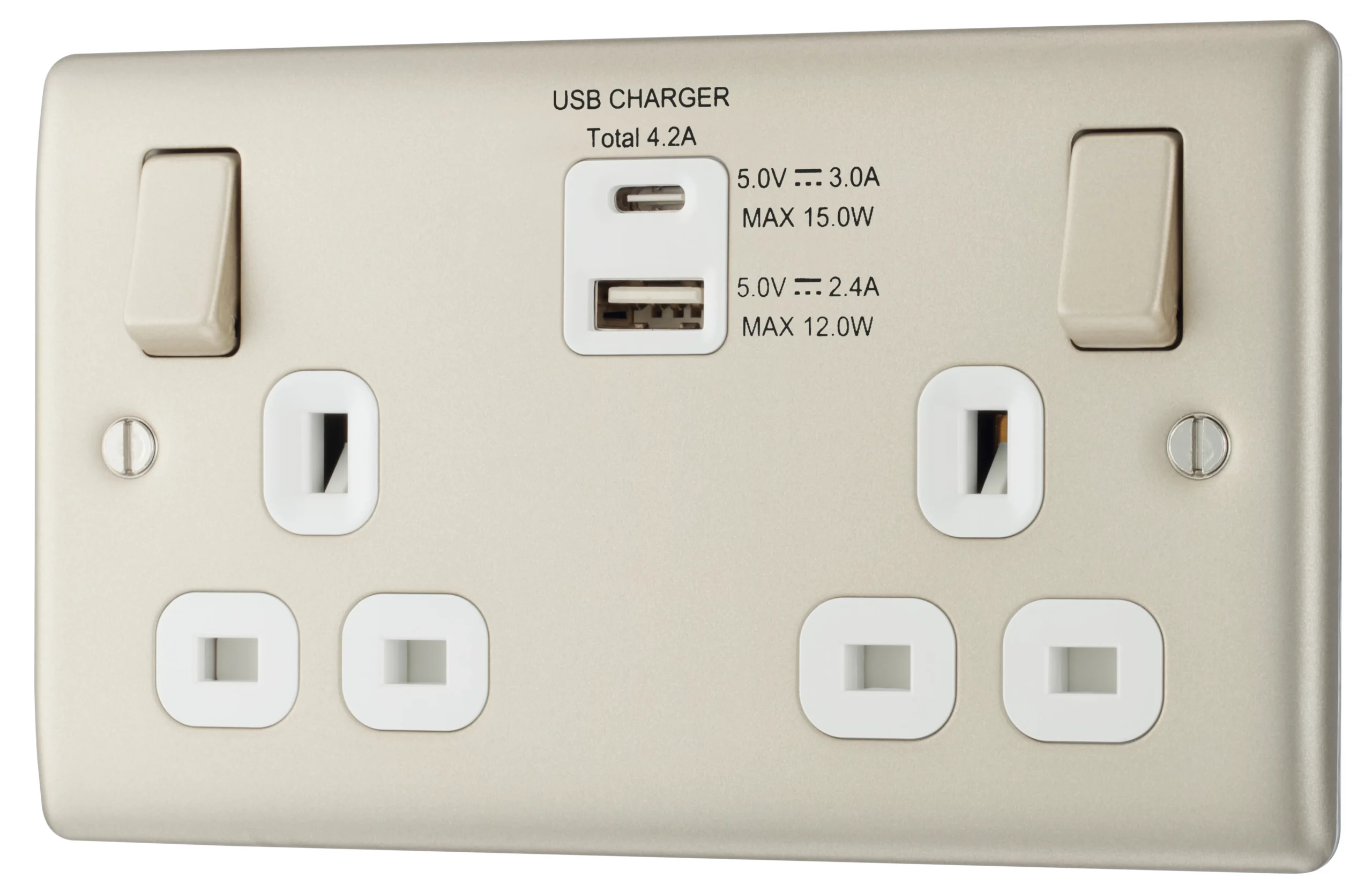 BG Nickel Double 13A Switched Socket With USB X2 4.2A & White Inserts 1 BG Nickel Double 13A Switched Socket With USB X2 4.2A & White Inserts
