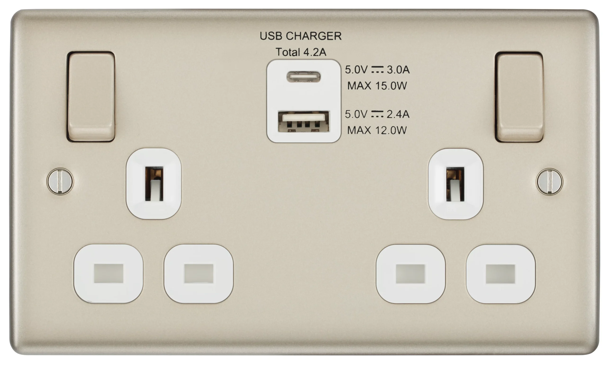 BG Nickel Double 13A Switched Socket With USB X2 4.2A & White Inserts 2 BG Nickel Double 13A Switched Socket With USB X2 4.2A & White Inserts - Image 2