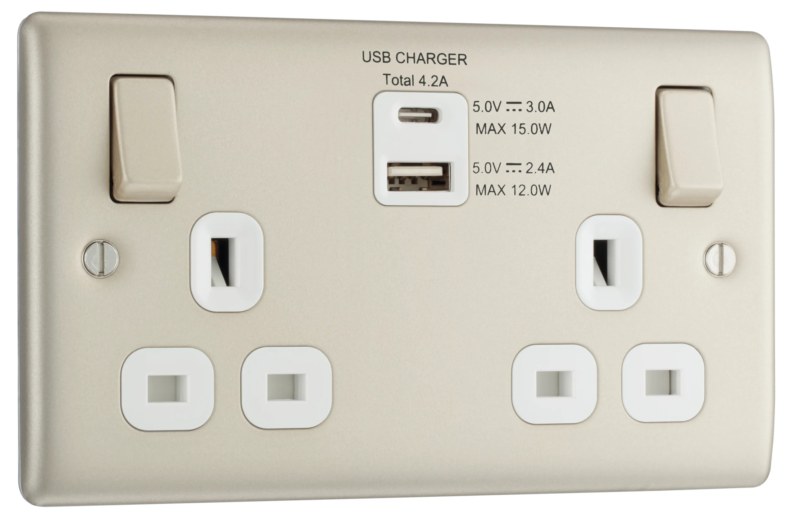 BG Nickel Double 13A Switched Socket With USB X2 4.2A & White Inserts 3 BG Nickel Double 13A Switched Socket With USB X2 4.2A & White Inserts - Image 3