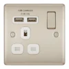 BG Nickel Single 13A Switched Socket With USB X2 & White Inserts