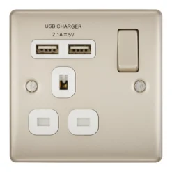 BG Nickel Single 13A Switched Socket With USB X2 & White Inserts