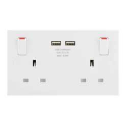 BG White Double 13A Switched Socket With USB X2 3.1A & White Inserts