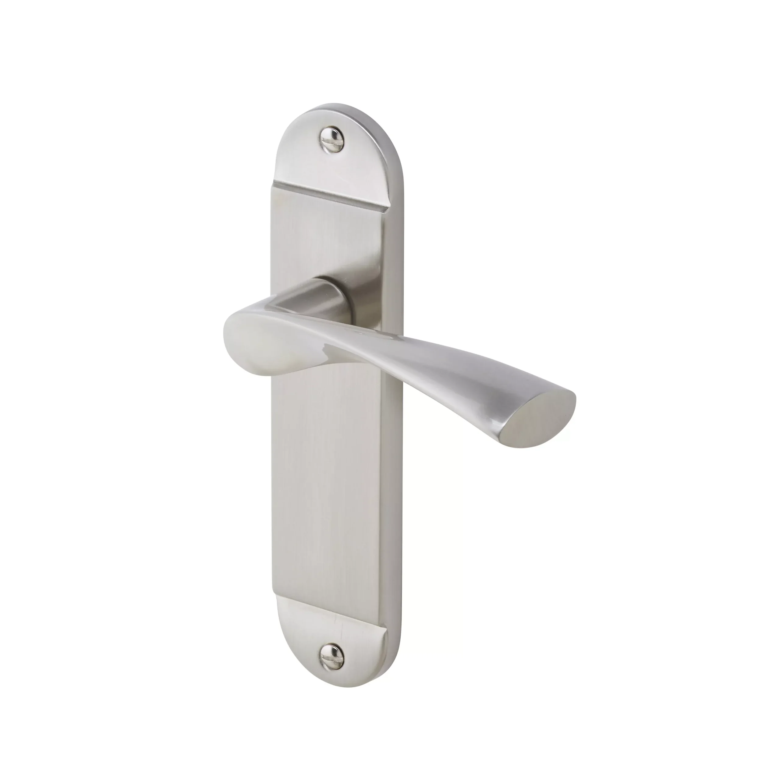 Colours Breage Satin Nickel Effect Steel Curved Latch Door Handle (L)121mm, Pair 1 Colours Breage Satin Nickel Effect Steel Curved Latch Door Handle (L)121mm, Pair