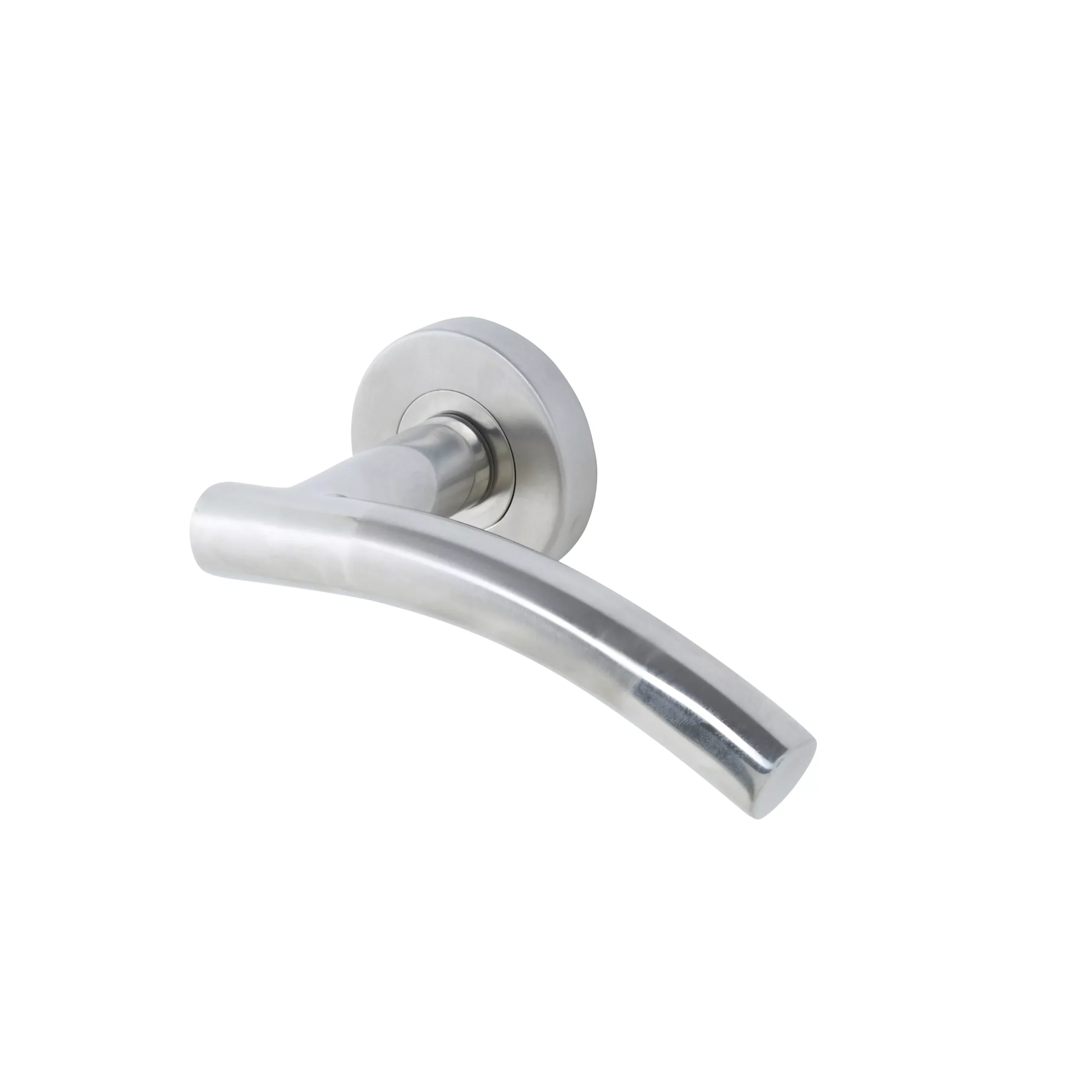 Colours Neia Brushed Nickel Effect Stainless Steel Curved Latch Push-on Rose Door Handle (L)140mm, Pair 1 Colours Neia Brushed Nickel Effect Stainless Steel Curved Latch Push-on Rose Door Handle (L)140mm, Pair