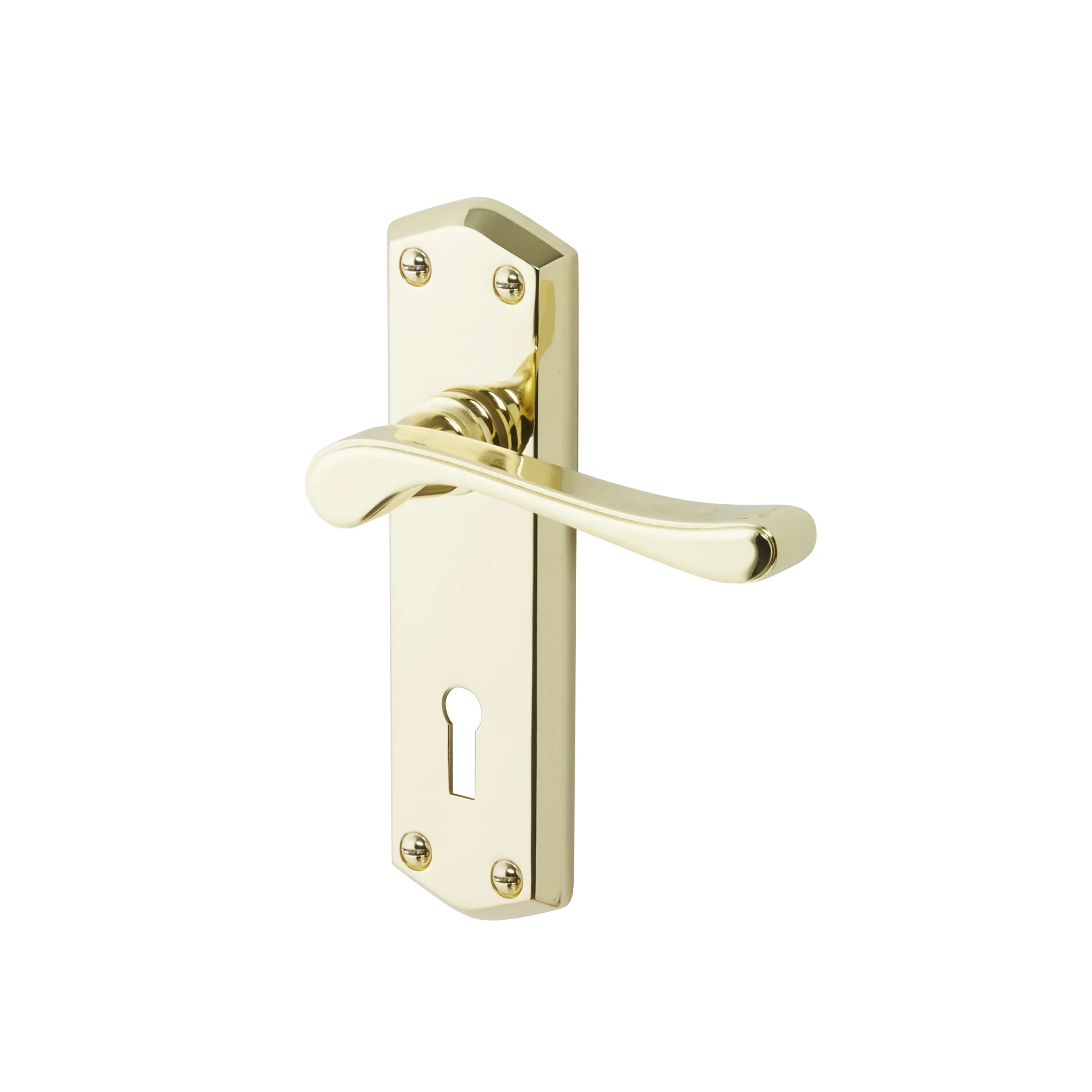 Colours Sheya Polished Brass Effect Aluminium Scroll Lock Door Handle (L)111mm, Pair 1 Colours Sheya Polished Brass Effect Aluminium Scroll Lock Door Handle (L)111mm, Pair