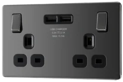 GoodHome Black Nickel Double 13A Screwless Switched Socket With USB X2 3.1A & Black Inserts