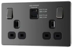 GoodHome Black Nickel Double 13A Screwless Switched Socket With USB X2 4.2A & Black Inserts